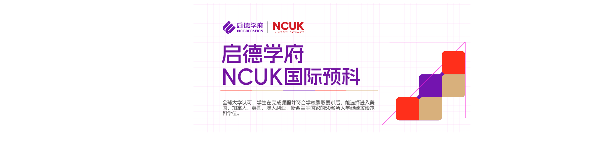 启德学府丨NCUK 启德学府NCUK国际预科 全球大学认可，学生在完成课程并符合学校录取要求后，能选择进入美国、加拿大、英国、澳大利亚、新西兰等国家的50多所大学继续攻读本科学位。