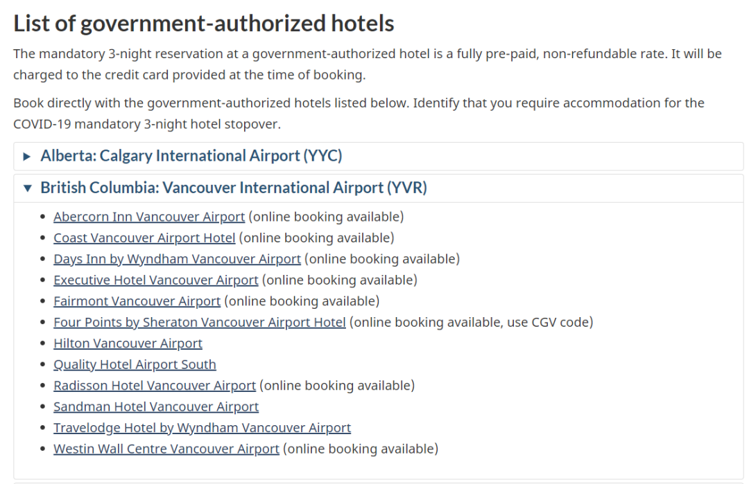 加拿大境外隔离酒店名单